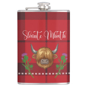 Burns Night Slàinte Mhath Highland Cow Tartan Flachmann