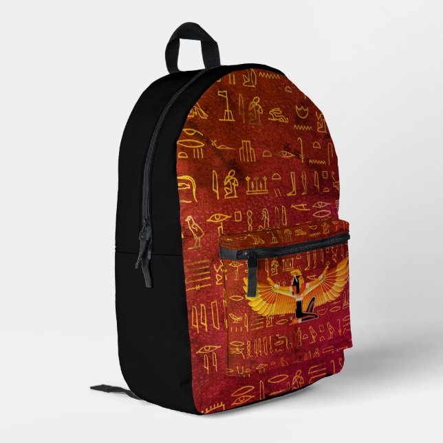 Burnt Amber Ägyptische Prinzessin Hieroglyphen Bedruckter Rucksack (Rückseitige Ecke links)