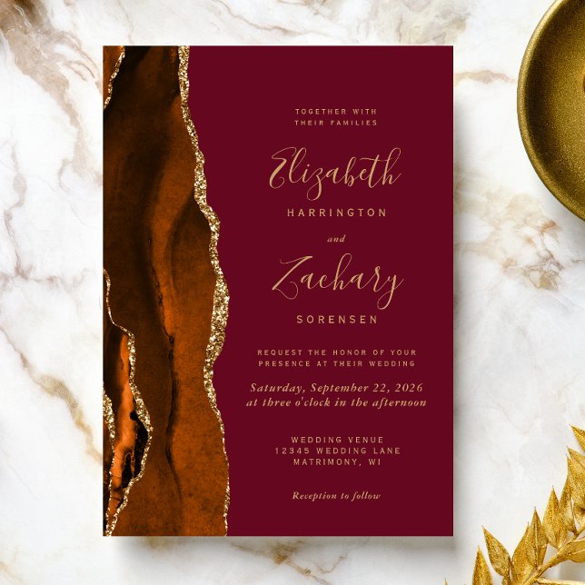 Burnt Orange Agate Burgundy Gold Wedding Einladung (The perfect choice for a burnt orange and burgundy themed wedding.)