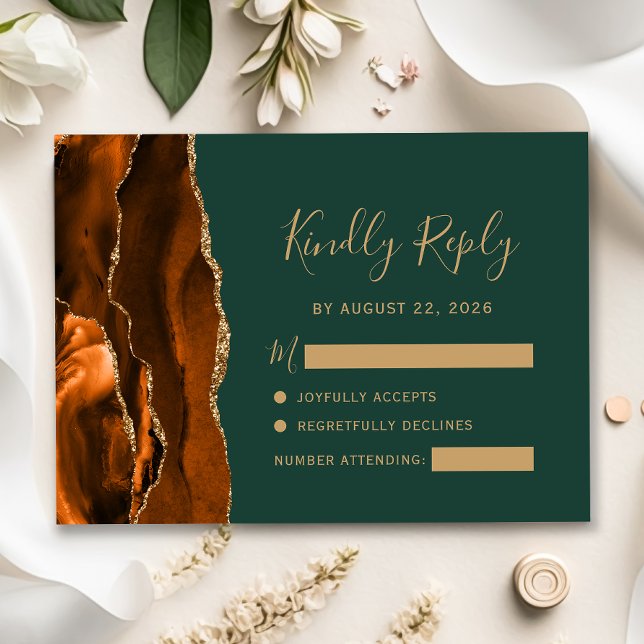 Burnt Orange Agate Emerald Green Wedding RSVP Karte (Von Creator hochgeladen)