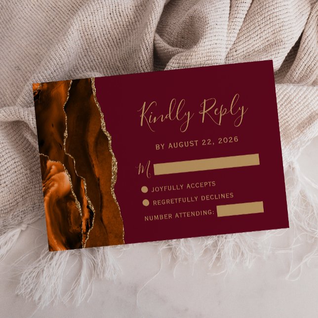 Burnt Orange Agate Gold Burgundy Wedding RSVP Karte (Von Creator hochgeladen)