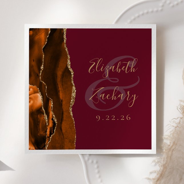 Burnt Orange Agate Gold Burgundy Wedding Serviette (Von Creator hochgeladen)