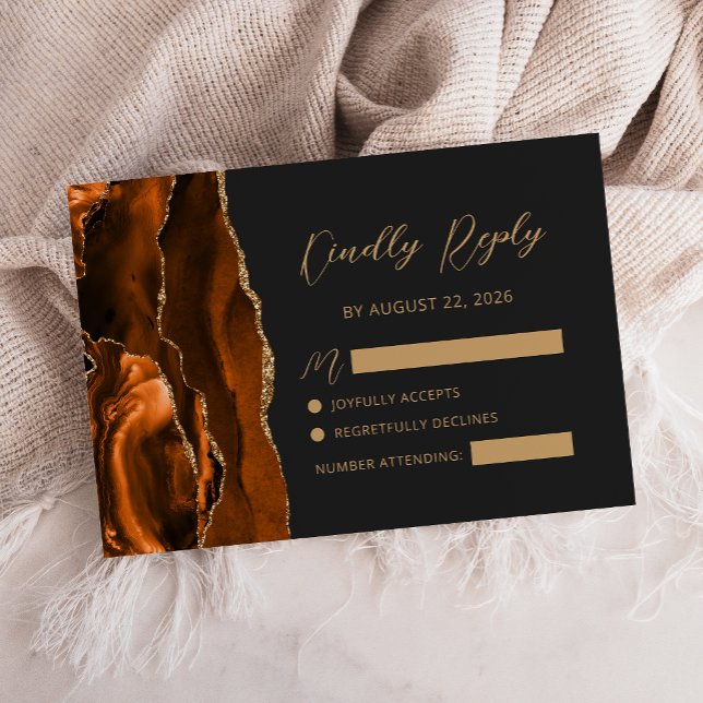 Burnt Orange Agate Gold Calligraphy Script Wedding RSVP Karte (Von Creator hochgeladen)