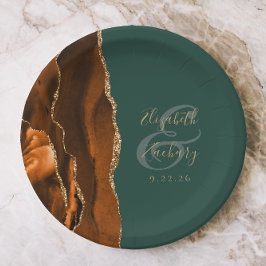 Burnt Orange Agate Gold Dark Green Wedding Pappteller