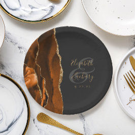 Burnt Orange Agate Gold Dark Wedding Pappteller