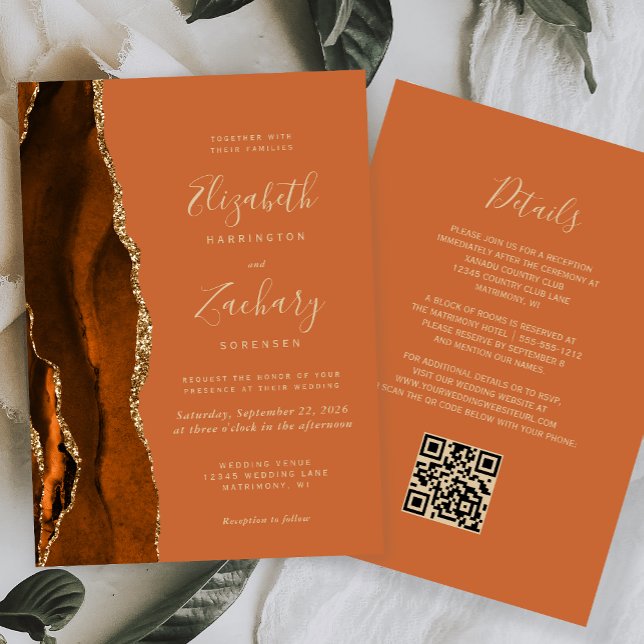 Burnt Orange Agate Gold QR Code Wedding Einladung (Von Creator hochgeladen)