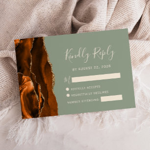 Burnt Orange Agate Gold Sage Green Wedding RSVP Karte