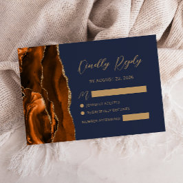 Burnt Orange Agate Gold Script Navy Blue Wedding RSVP Karte