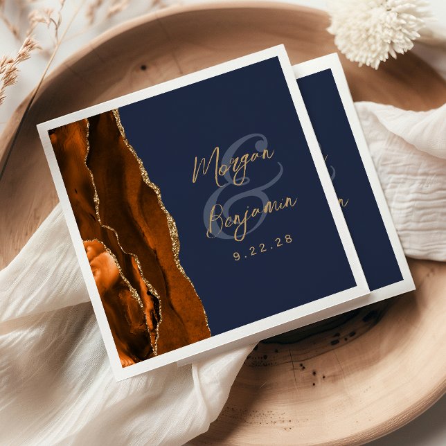 Burnt Orange Agate Gold Script Navy Blue Wedding Serviette (Von Creator hochgeladen)