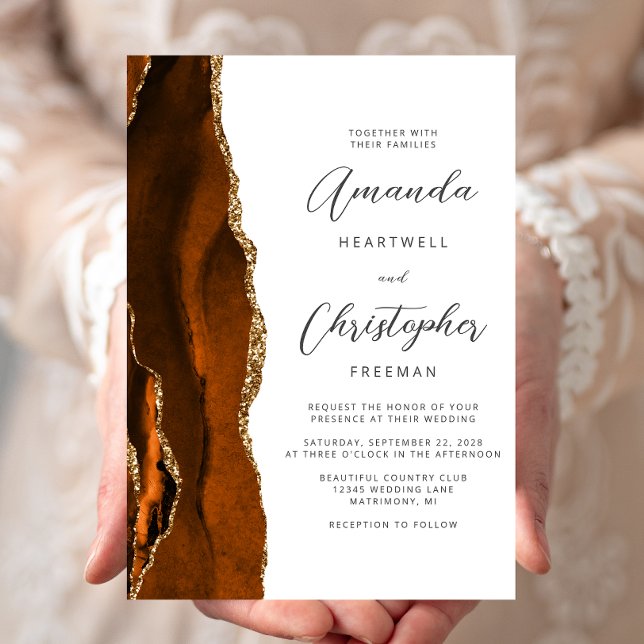 Burnt Orange Agate Gold Script Wedding Einladung (Von Creator hochgeladen)