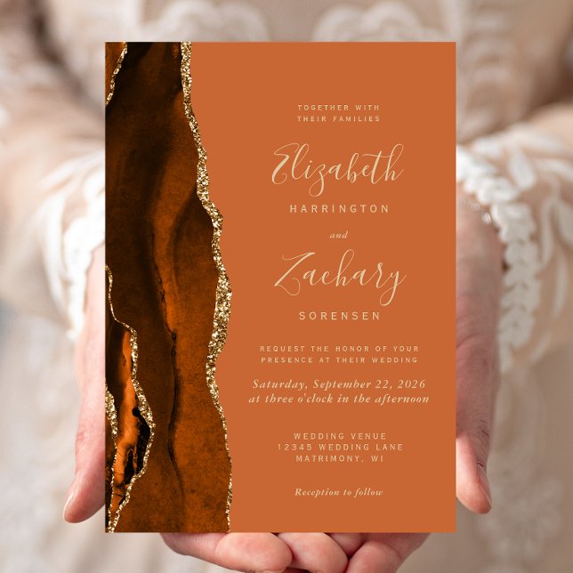 Burnt Orange Agate Gold Wedding Einladung (Von Creator hochgeladen)