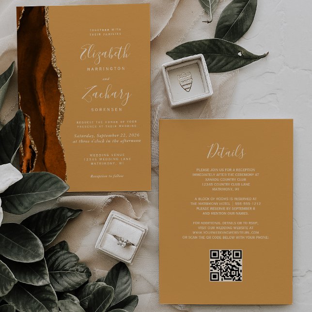 Burnt Orange Agate Honey Gold QR Code Wedding Einladung (Von Creator hochgeladen)