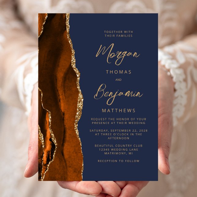 Burnt Orange Agate Navy Blue Modern Script Wedding Einladung (Von Creator hochgeladen)