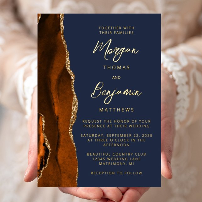 Burnt Orange Agate Navy Blue Modern Script Wedding Folieneinladung (Von Creator hochgeladen)
