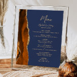 Burnt Orange Agate Navy Blue Wedding Table Menu Poster<br><div class="desc">Die links Seite dieses eleganten,  modernen Hochzeitsmenüzeichens besticht durch eine gelbe,  orangefarbene Wasserfarbe,  die mit vergoldetem Imitat-Glitzer bestickt wurde. Das Wort "Menü" erscheint in goldfarbenem Schriftskript auf marineblarem Hintergrund. Personalisieren Sie den restlichen Text mit den Namen des Paares,  dem Hochzeitstermin und den Menüdetails.</div>
