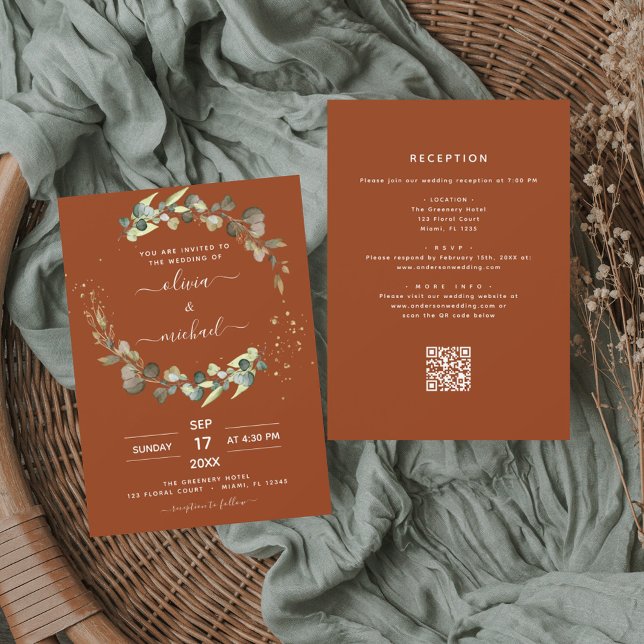 Burnt Orange All in One Eukalyptus QR Code Wedding Einladung (Von Creator hochgeladen)