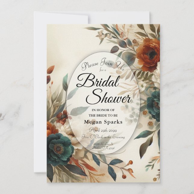 Burnt Orange and Blue Fall Flowers Bridal Shower Einladung (Vorderseite)