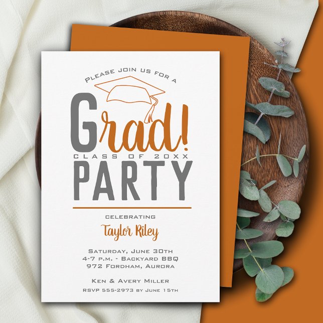 Burnt Orange and Gray Graduation Party Einladung (Von Creator hochgeladen)