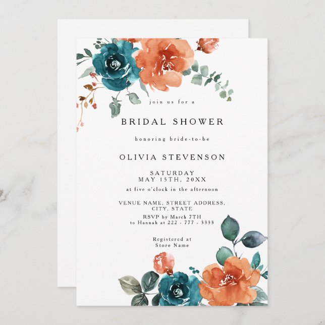 Burnt Orange Aquamarin Blumendusche Einladung (Vorne/Hinten)