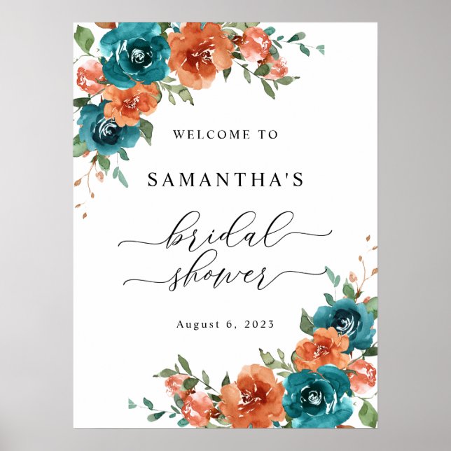 Burnt Orange Aquamarin Brautparty Begrüßungszeiche Poster (Vorne)