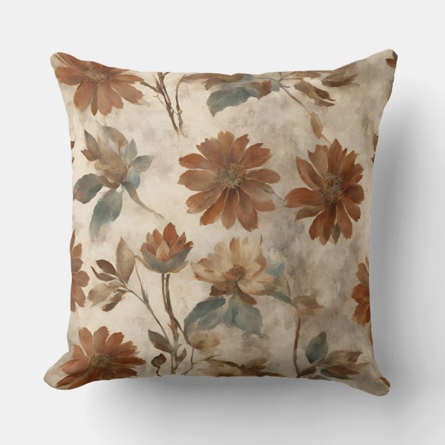 Burnt Orange Aquamarin Brown Floral Kissen (Vorderseite)