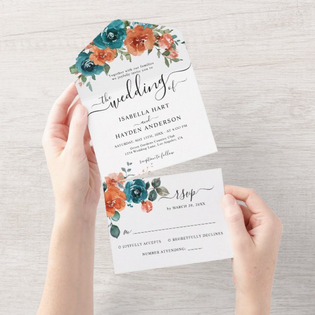 Burnt Orange Aquamarin Rust Floral Rustic Wedding  All In One Einladung (Abreißen)
