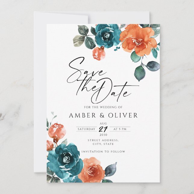 Burnt Orange Aquamarin Watercolor Floral Save the  Einladung (Vorderseite)