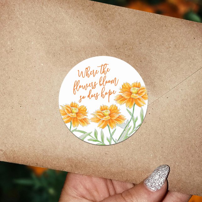 Burnt Orange Aquarellkosmos Blüte Hoffnung Zitat Runder Aufkleber (Von Creator hochgeladen)