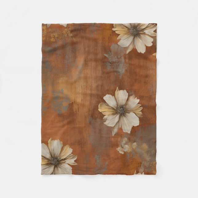 Burnt Orange Beige Grau Bauernhaus Floral Klein Fleecedecke (Vorderseite)
