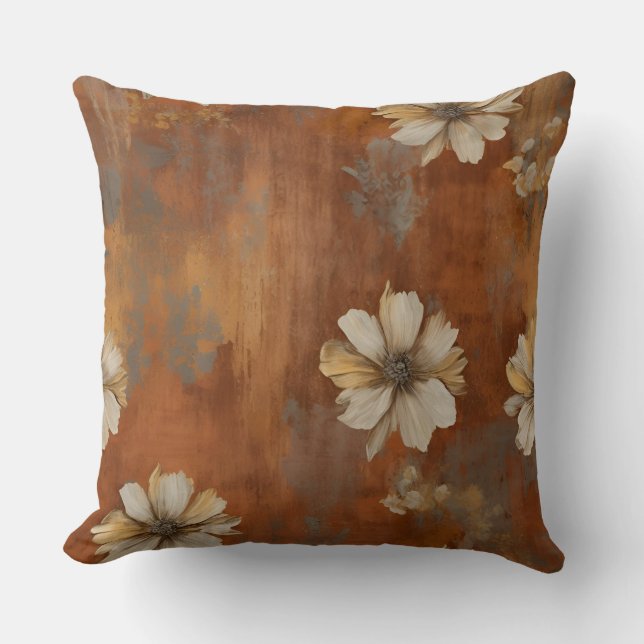 Burnt Orange Beige Gray Bauernhaus Floral Kissen (Vorderseite)