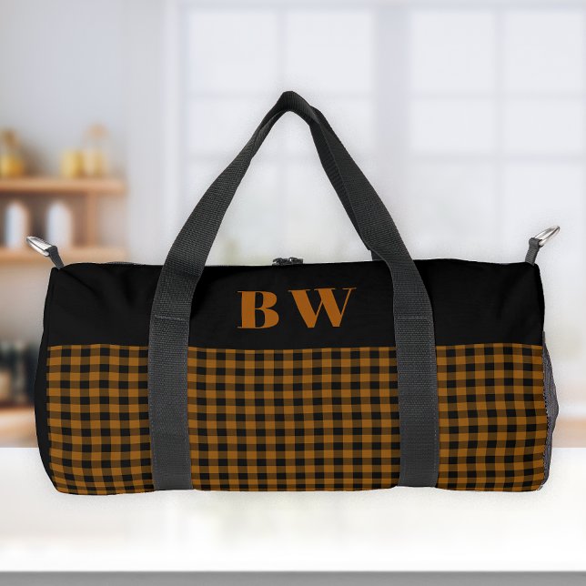 Burnt Orange Black Buffalo Karo Bold Monogram Duffle Bag (Von Creator hochgeladen)