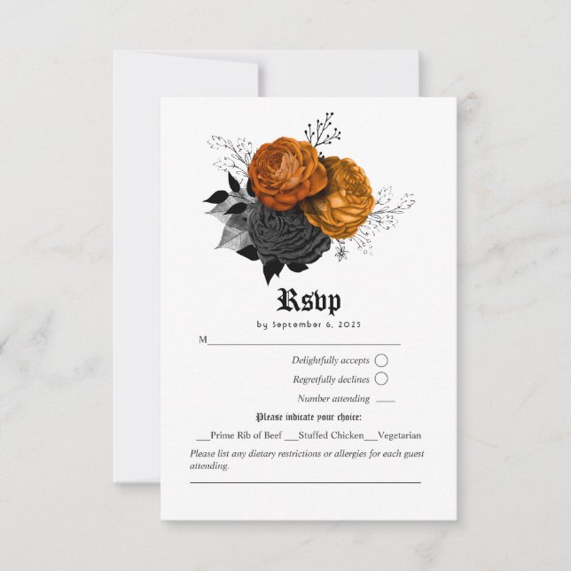 Burnt Orange & Black Gothic Halloween Rose RSVP Karte (Vorderseite)