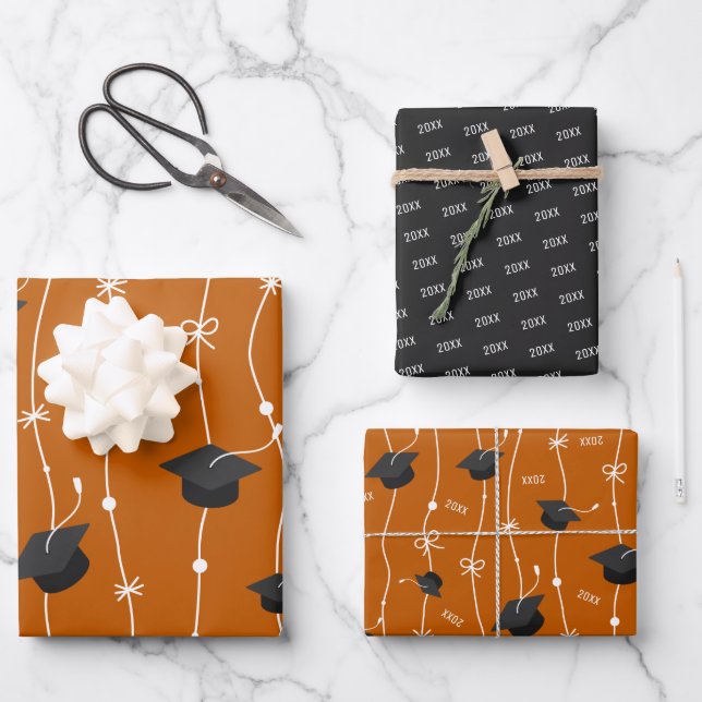 Burnt Orange & Black Graduation Cap Toss Geschenkpapier Set (Vorderseite)