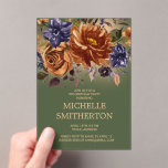 Burnt Orange Blue Floral Green 50. Geburtstag Acryleinladungen<br><div class="desc">Elegante und stilvolle Acryl 50. Geburtstagsfeier für Frauen mit Rost/Bronze-Orange und Marineblau Aquarell Blume und Grün auf einem Jägergrünen Hintergrund. Kontaktieren Sie mich für Hilfe bei der Anpassung oder für die Abstimmung oder Koordination von Zazzle Produkten.</div>