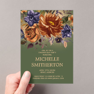 Burnt Orange Blue Floral Green 50. Geburtstag Acryleinladungen