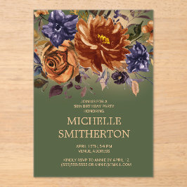 Burnt Orange Blue Floral Green 50. Geburtstag Acryleinladungen