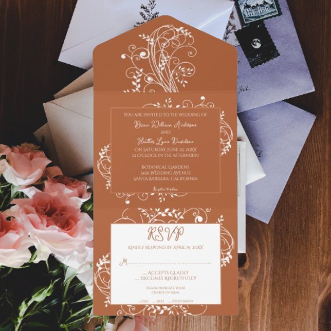 Burnt Orange Blüh Wedding All In One Einladung (Burnt Orange Flourish All in One Wedding Invite)