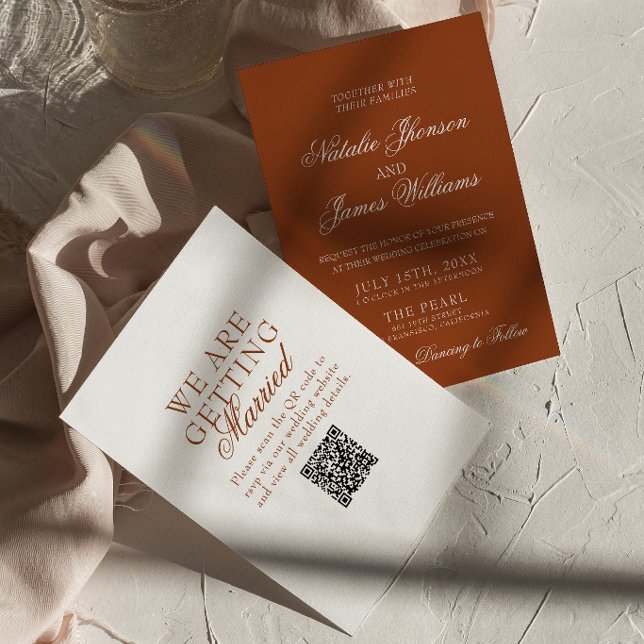 Burnt Orange Boho Chic Terracotta QR Code Wedding Einladung (Von Creator hochgeladen)