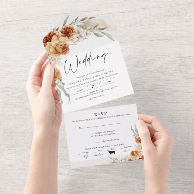 Burnt Orange Boho Floral All in One Wedding Einladung (Abreißen)