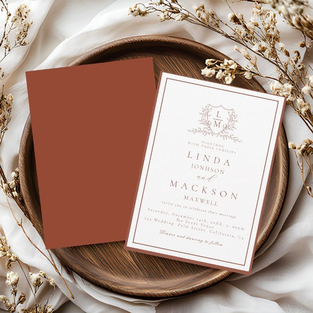 Burnt Orange botanical crest monogram wedding Einladung (Von Creator hochgeladen)
