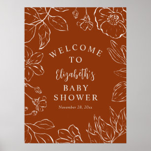 Burnt Orange Botanical Floral Baby Dusche Begrüßun Poster