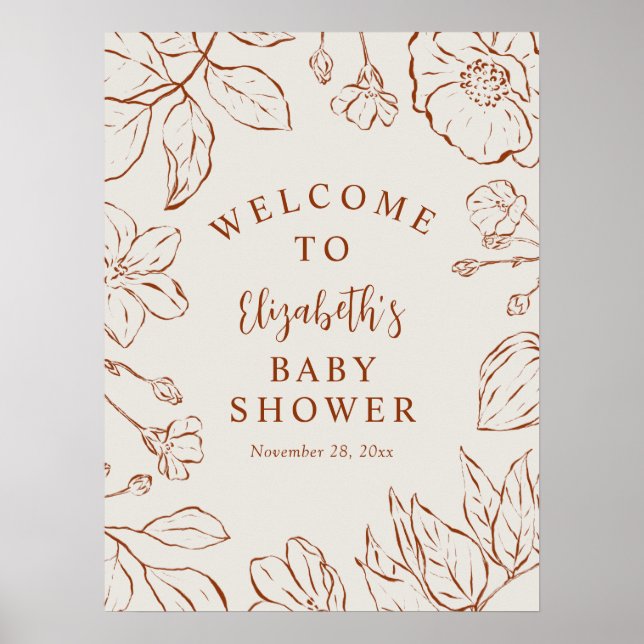 Burnt Orange Botanical Floral Baby Dusche Begrüßun Poster (Vorne)