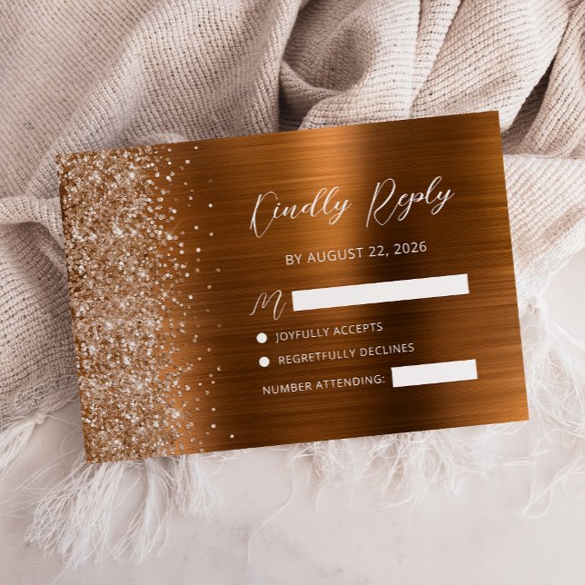 Burnt Orange Brushed Metal Glitzer Script Wedding RSVP Karte (Von Creator hochgeladen)