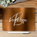 Burnt Orange Brushed Metal Script Monogram Mousepad<br><div class="desc">Dieses elegante personalisierte Mauspad verfügt über ein Monogramm und einen Vornamen in modernen beige-weißen Schriften auf einem angesagten,  orangefarbenen Metallhintergrund.</div>