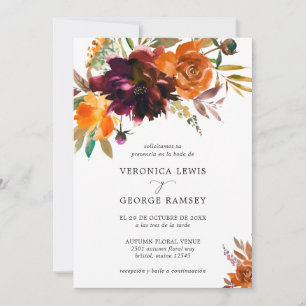 Burnt Orange Burgundy Fall Floral Spanish Wedding Einladung