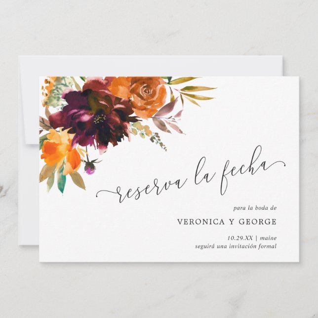 Burnt Orange Burgundy Fall Floral Wedding Spanisch Save The Date (Vorderseite)