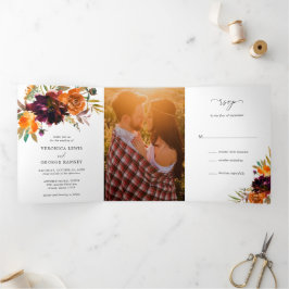 Burnt Orange Burgundy Floral Foto Elegante Hochzei Dreifach Gefaltete Einladung