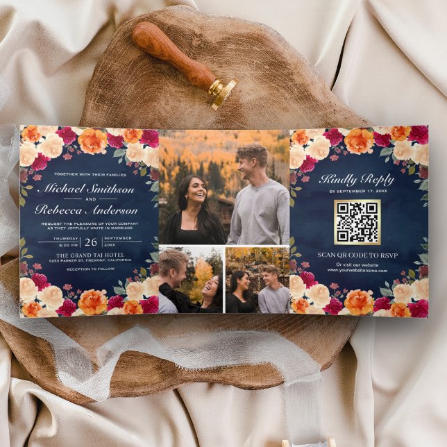 Burnt Orange Burgundy Floral Navy QR Code Hochzeit Dreifach Gefaltete Einladung (Von Creator hochgeladen)