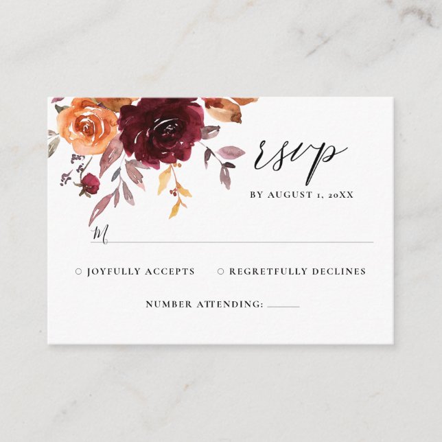 Burnt Orange Burgundy Floral Rust Wedding RSVP Enc Begleitkarte (Vorderseite)