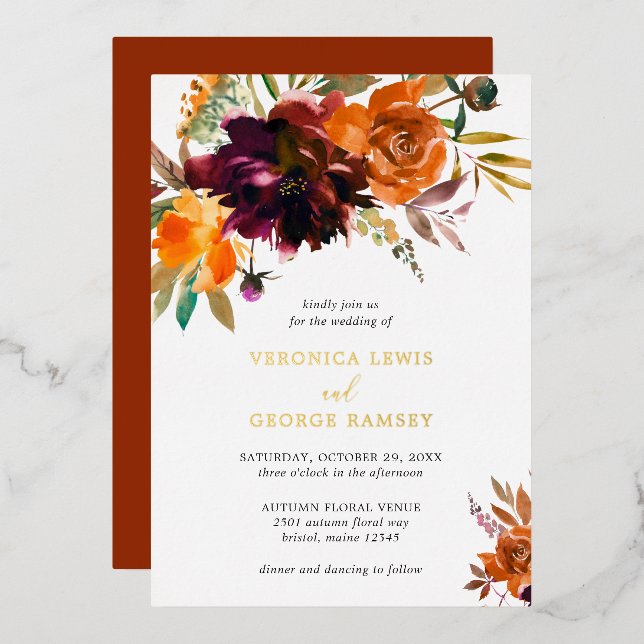 Burnt Orange Burgundy Floral Rustic Wedding Gold Folieneinladung (Vorderseite/Rückseite)